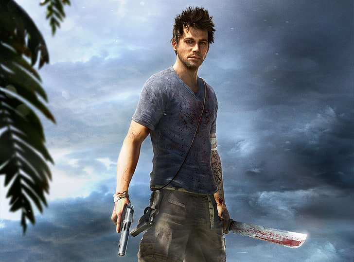 мъж, който държи илюстрация с пистолет и мачете, небето, облаци, пистолет, оръжия, кръв, татуировка, джунгла, ракета-носител, Ubisoft, мачете, Far Cry 3, NeoGAF, главният герой, Джейсън Броуди, HD тапет
