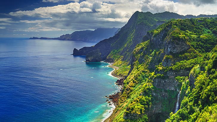 Portugal, Madeira, naturaleza, montañas, costa, mar, cascada, cielo, nubes, Fondo de pantalla HD