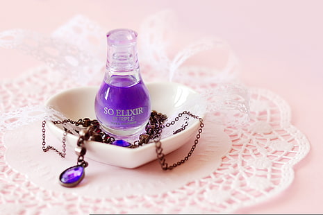 So Elixr perfume bottle, purple, style, background, Wallpaper, stone, liquid, necklace, decoration, lace, chain, wallpapers, napkin, accessory, elixir, HD wallpaper HD wallpaper