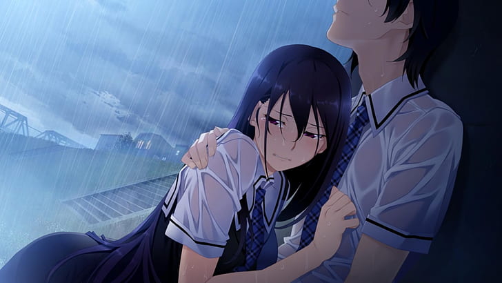 rain, wet clothing, Kazami Yuuji, Sakaki Yumiko, Grisaia no Kajitsu, HD wallpaper
