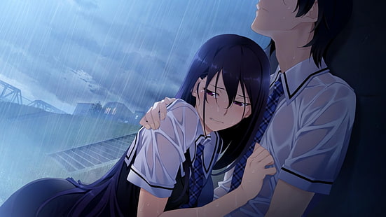 rain, wet clothing, Kazami Yuuji, Sakaki Yumiko, Grisaia no Kajitsu, HD wallpaper HD wallpaper