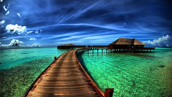 dock, lake, sky, cabins, landscape, bungalow, overwater bungalow, overwater bungalows, resort, mauritius, summer, boardwalk, pier, vacation, exotic, HD wallpaper HD wallpaper