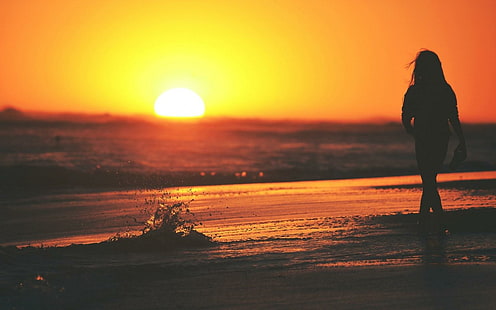 Girl Sunset Beach, flicka, solnedgång, strand, HD tapet HD wallpaper
