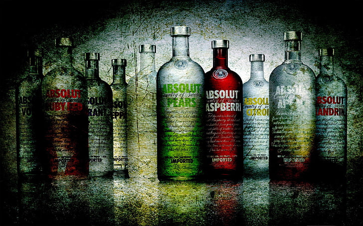 Surtido de botellas absolutas, VIDRIO, BOTELLA, LÍQUIDO, MARCA, VODKA, ALCOHOL, ABSOLUT, TIPOS, Fondo de pantalla HD