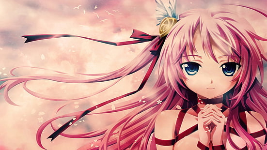 rosa behaarte weibliche Anime-Figur, Anime-Mädchen, Anime, langes Haar, blaue Augen, Lächeln, rosa Haar, Betrachter betrachtend, Haarschmuck, HD-Hintergrundbild HD wallpaper