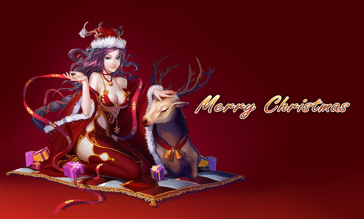 Segnaletica di buon Natale, sguardo, ragazza, cappello, cervo, regali, tappetino, sfondo rosso, buon Natale, Sfondo HD