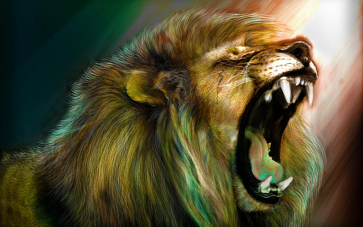 O rugido do leão, ilustração de leão, rugido do leão, artística, HD papel de parede
