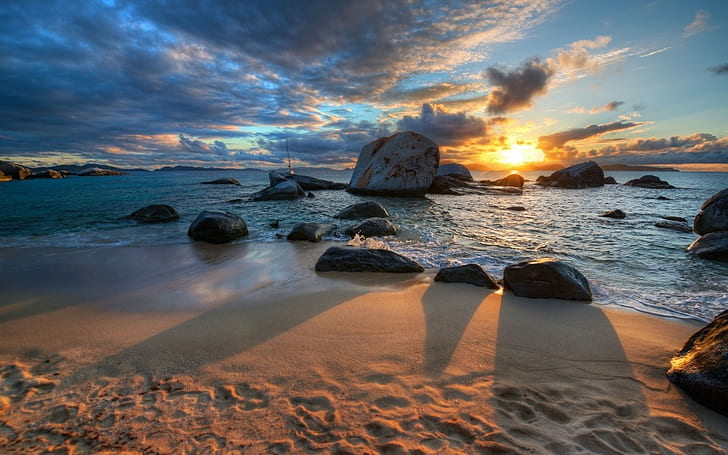 mer, coucher de soleil, soleil, eau, sable, plage, nuages, pierres, soleil, Fond d'écran HD