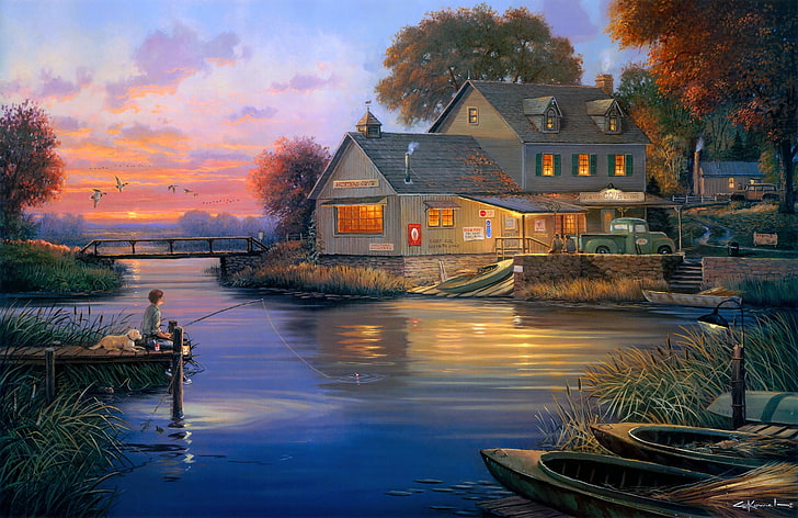 house near body of water painting, autumn, bridge, house, duck, dog, Bay, fisherman, boats, the evening, painting, George Kovach, Hunters Cove, lodge, hunters lodge, HD wallpaper