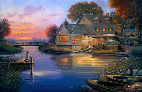 house near body of water painting, autumn, bridge, house, duck, dog, Bay, fisherman, boats, the evening, painting, George Kovach, Hunters Cove, lodge, hunters lodge, HD wallpaper HD wallpaper