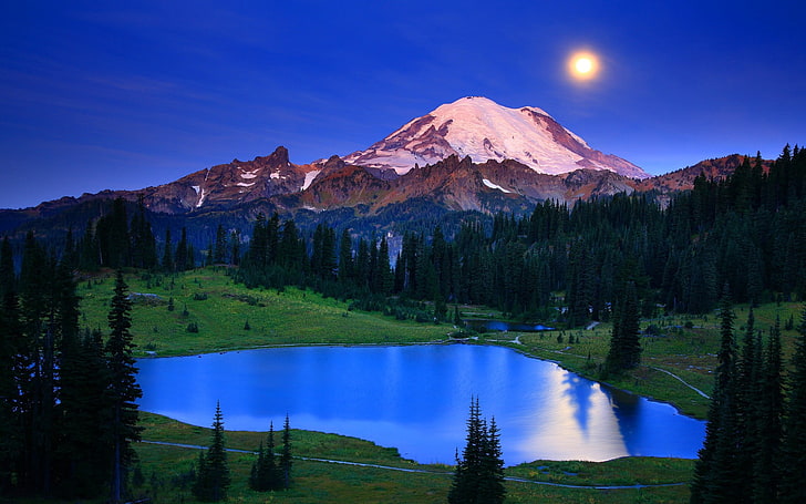 cuerpo de agua y montaña, paisaje, lago, Monte Rainier, parque nacional Monte Rainier, parque nacional, Washington, montañas, Fondo de pantalla HD