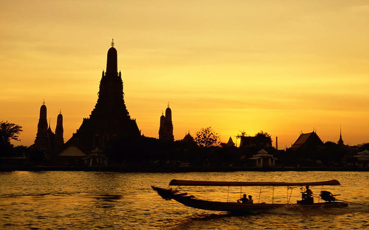 Świątynia Wat Arun, Bangkok, Thail, fotografia sylwetki łodzi w poprzek kościoła, mistral, aviskey, kahasa, kuhleeting123, przyroda i krajobrazy, Tapety HD