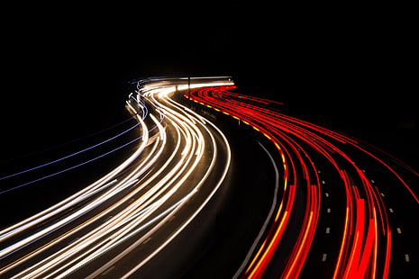 coche, luces, carretera, noche, larga exposición, rojo, senderos de luz, Fondo de pantalla HD HD wallpaper