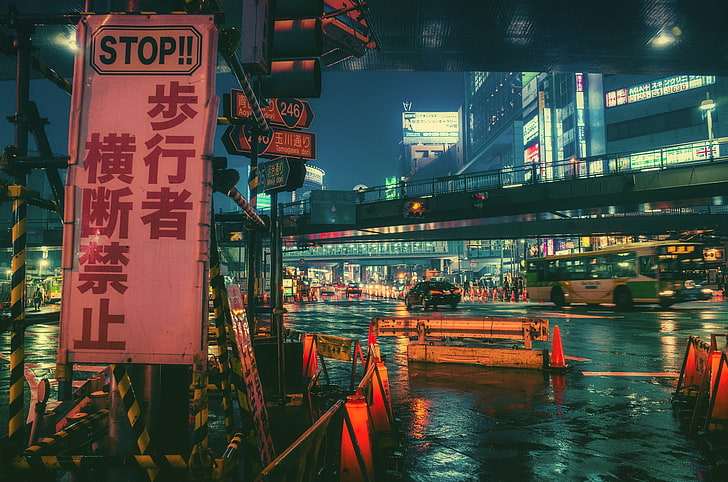 signage berhenti putih dan merah, Jepang, malam, kota, kota, Wallpaper HD