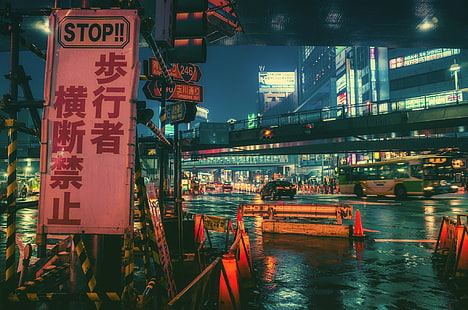 white and red Stop signage, Japan, night, town, city, HD wallpaper HD wallpaper