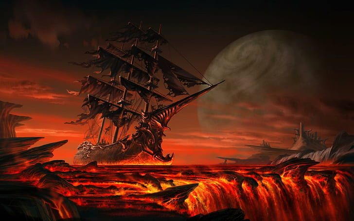 Barco fantasma del infierno, hogar, andrajoso, azul marino, humo, calor, magma, lava, fantasma, infierno, bote, fuego, mar de llamas, océano, Fondo de pantalla HD