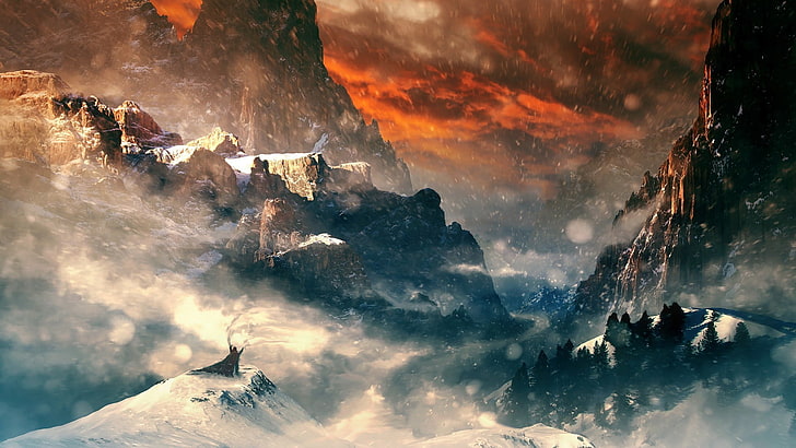 белая заснеженная гора, фэнтези арт, горы, пейзаж, HD обои