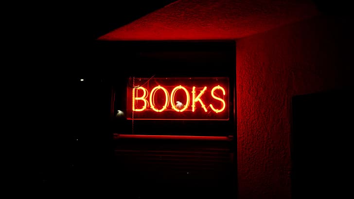 light, red, books, neon, sign, the word, HD wallpaper