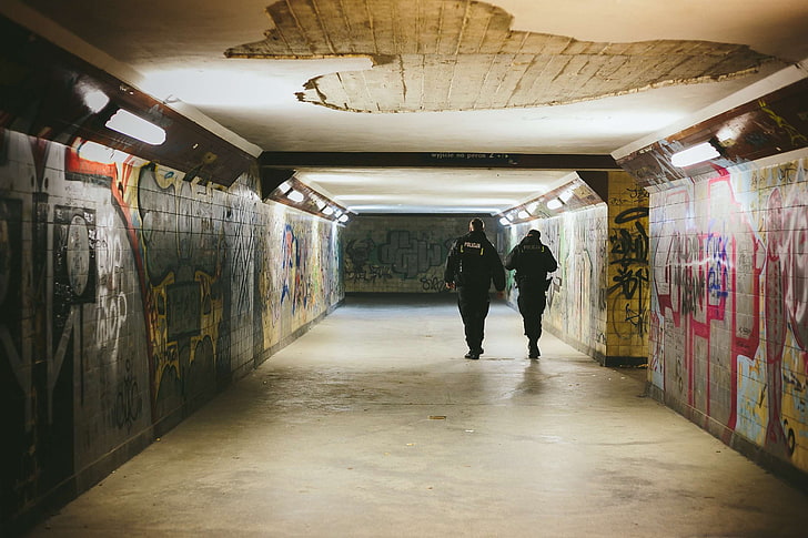concrete surface, graffiti, night, patrol, people, police, police officers, train station, tunnel, underground, walking, HD wallpaper