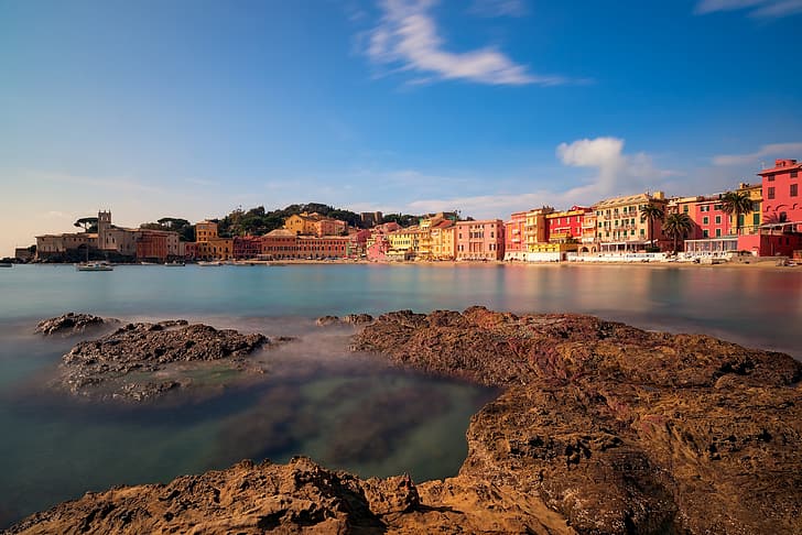 sea, coast, building, home, Italy, The Ligurian sea, harbour, Liguria, Ligurian Sea, Sestri Levante, HD wallpaper