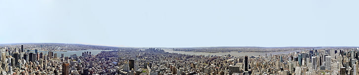gray high-rise building, New York City, triple screen, wide angle, cityscape, aerial view, Manhattan, HD wallpaper