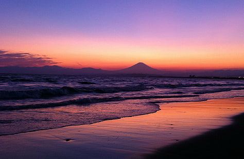 日没時のビーチ、Sho南、サンセットビーチ、日本、iphone4、神奈川、syonan、富士山、海、日没、自然、ビーチ、夕暮れ、風景、海岸線、砂、日の出-夜明け、屋外、風景、 HDデスクトップの壁紙 HD wallpaper