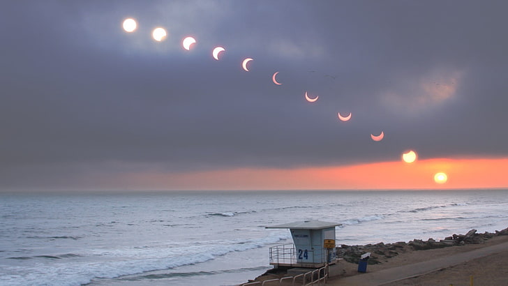 éclipse solaire, mer, horizon, ciel, nature, Fond d'écran HD