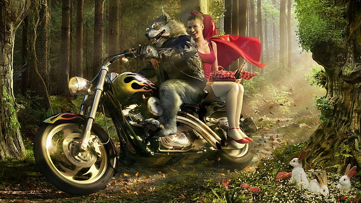 man och kvinna som rider på cruiser motorcykelillustration, Little Red Riding Hood, wolf, motorcycle, HD tapet