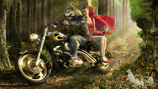 男と女のクルーザーバイクイラスト、赤ずきんちゃん、狼、バイクに乗って、 HDデスクトップの壁紙 HD wallpaper