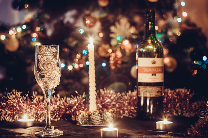 dekoration, vin, bollar, träd, nyår, glas, jul, gyllene, får, lycklig, 2015, god, året för fåren, HD tapet