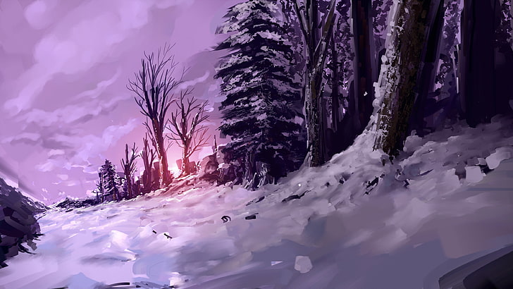 雪原デジタル壁紙、ファンタジーアート、雪、森、木に裸の木、 HDデスクトップの壁紙