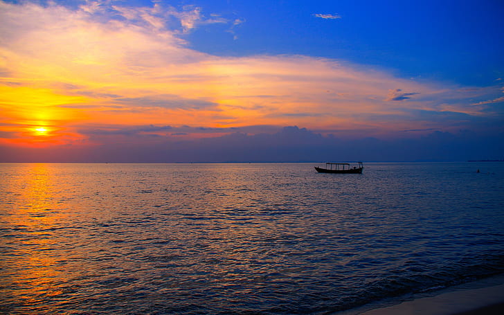 Azja, Kambodża, Otres plaża, morze, łódź, zachód słońca, Azja, Kambodża, Otres, plaża, morze, łódź, zachód słońca, Tapety HD