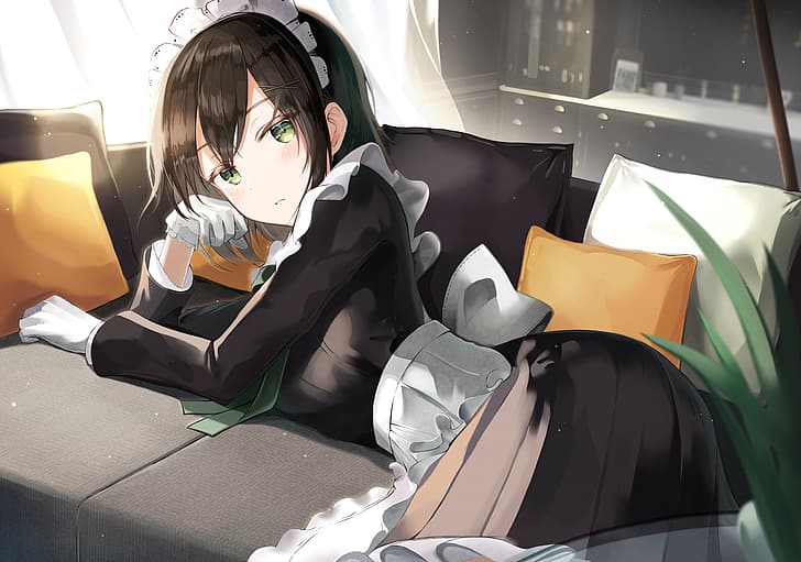 apron, bangs, black dress, black hair, blush, blushing, couch, dress, frills, Frill dress, gloves, green eyes, green ribbon, hair ornament, hair clip, headdress, indoors, long sleeves, looking at viewer, lying on side, lying down, maid, parted lips, pillow, plants, pleated skirt, ribbon, short hair, white gloves, sion (im10042m), HD wallpaper