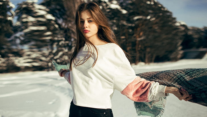 snow, juicy lips, brunette, women, women outdoors, Vitaly Plyaskin, HD wallpaper