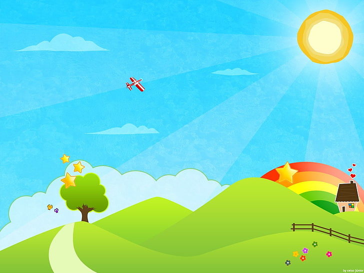 green tree illustration, Artistic, Nature, Airplane, Cartoon, Hill, Rainbow, Sky, Sun, Tree, HD wallpaper