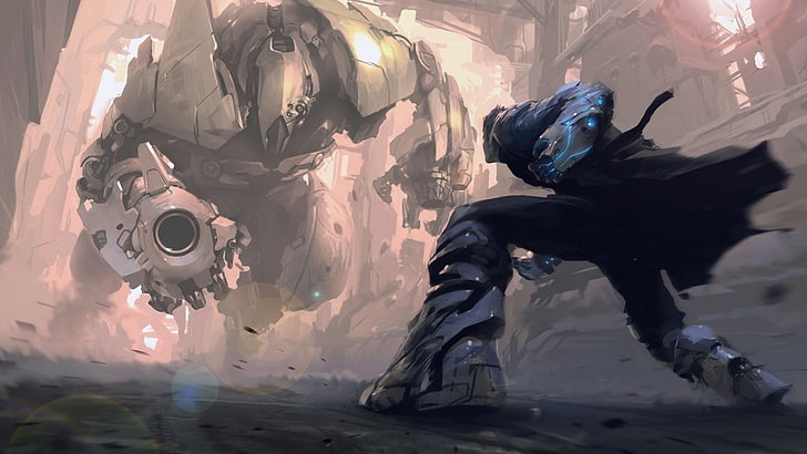man fighting a robot digital painting, artwork, science fiction, futuristic, anime, robot, digital art, HD wallpaper