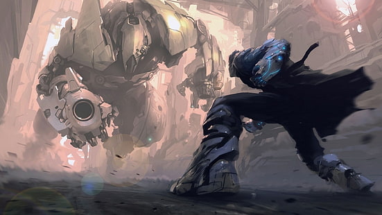 Mann im Kampf gegen einen Roboter digitale Malerei, Kunstwerk, Science-Fiction, futuristisch, Anime, Roboter, digitale Kunst, HD-Hintergrundbild HD wallpaper