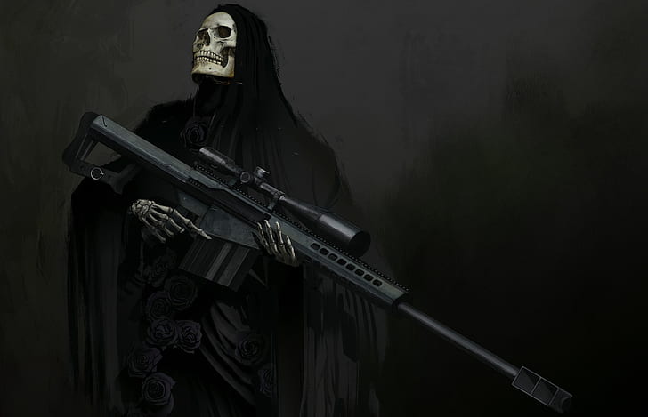 weapons, skull, fantasy, art, skeleton, hood, sight, sniper rifle, HD wallpaper