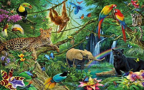 Artystyczny, Malarstwo, Czarna Pantera, Słoń, Dżungla, Lemur, Lampart, Małpa, Papuga, Tukan, Tapety HD HD wallpaper