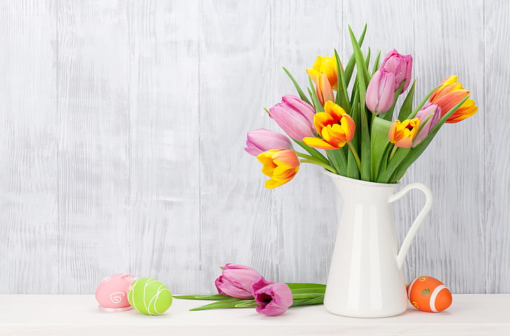flowers, Easter, tulips, happy, pink, spring, eggs, decoration, pink tulips, the painted eggs, HD wallpaper
