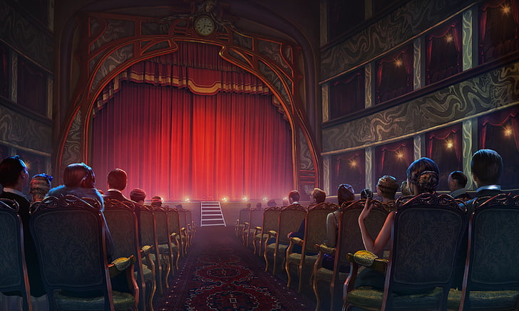ludzie w teatrze ilustracja, scena, krzesła, zasłona, publiczność, teatr, Tapety HD