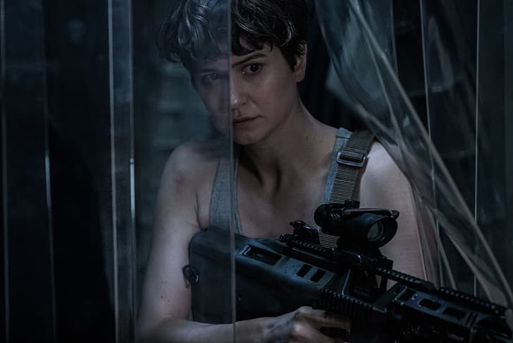 movies, science fiction, horror, science fiction women, Alien: Covenant, weapon, girls with guns, actress, movie scenes, film stills, HD wallpaper