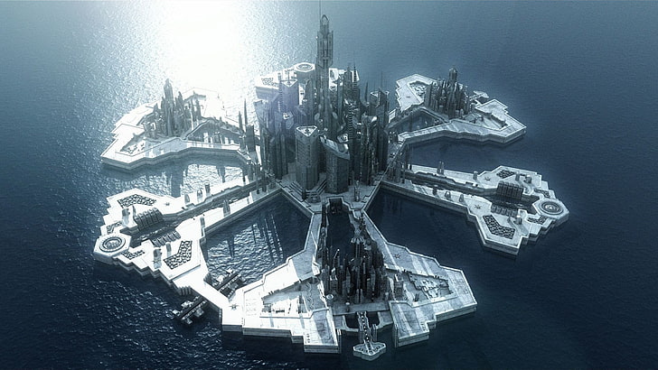 تصوير فوتوغرافي من أعلى للجزيرة مع المباني ، Stargate Atlantis، خلفية HD