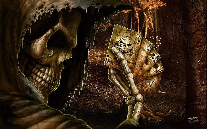 skeleton holding playing card wallpaper, ace, cards, creepy, dark, games, grim, horror, poker, reaper, skeletons, skull, spades, HD wallpaper