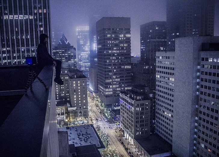 градски пейзаж, нощ, смог, улица, покриви, HD тапет