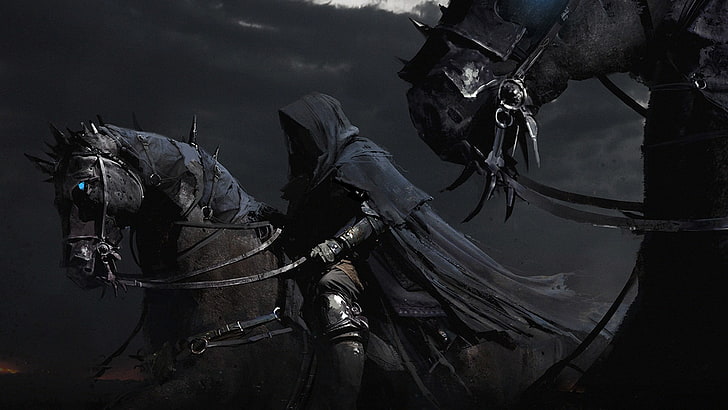 mężczyzna w czarnej szacie jazda na koniu ilustracja, Władca Pierścieni, Nazgûl, koń, filmy, fantasy art, Tapety HD