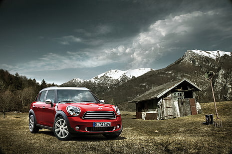 Mini Cooper rosso, natura, BMW, tedesco, automobili, auto, sfondi, sfondi auto, Wallpaper HD, MINI Countryman, MINI, Sfondo HD HD wallpaper