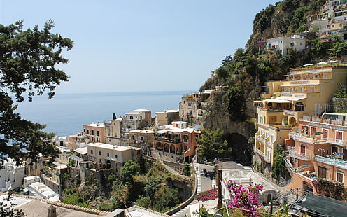 Italia, Amalfi, città, case, strada, mare, Italia, Amalfi, città, case, strada, mare, Sfondo HD HD wallpaper