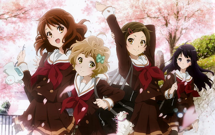 Anime, feliz, curto, saco, seifuku, escola, fita, sorriso, longo, sakura, árvore, menina, cabelo, HD papel de parede