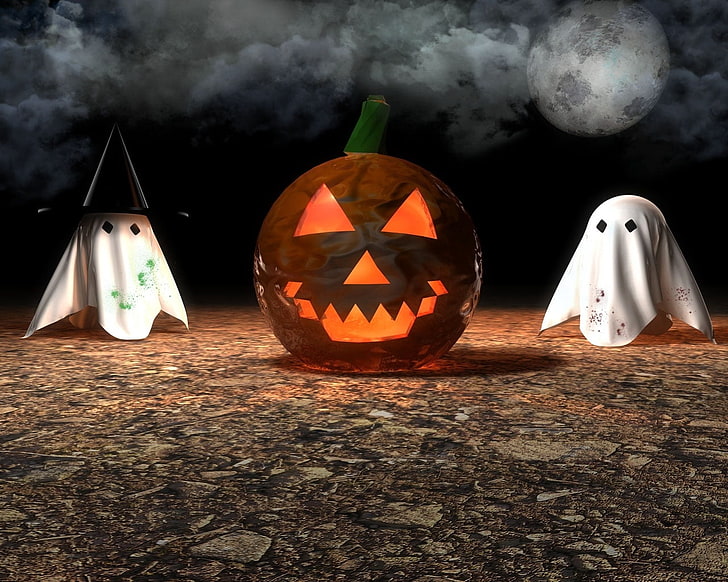 illustration de la citrouille, halloween, citrouille, lanterne, attribut, fantômes, Fond d'écran HD
